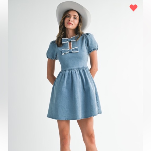 Endless Blu Dresses & Skirts - Endless Blu 🦋 Tencell Denim Mini Dress Bow S M L Coquette Cotton